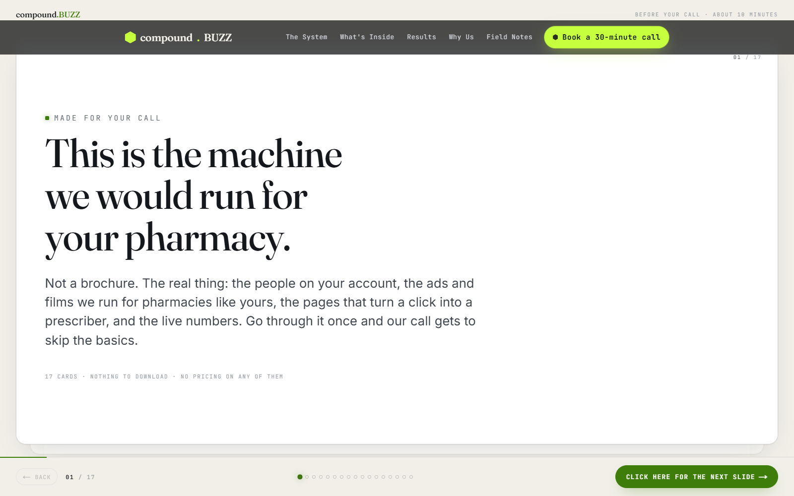 Card 01 of the 17-card compound.buzz preview deck: this is the machine we would run for your pharmacy