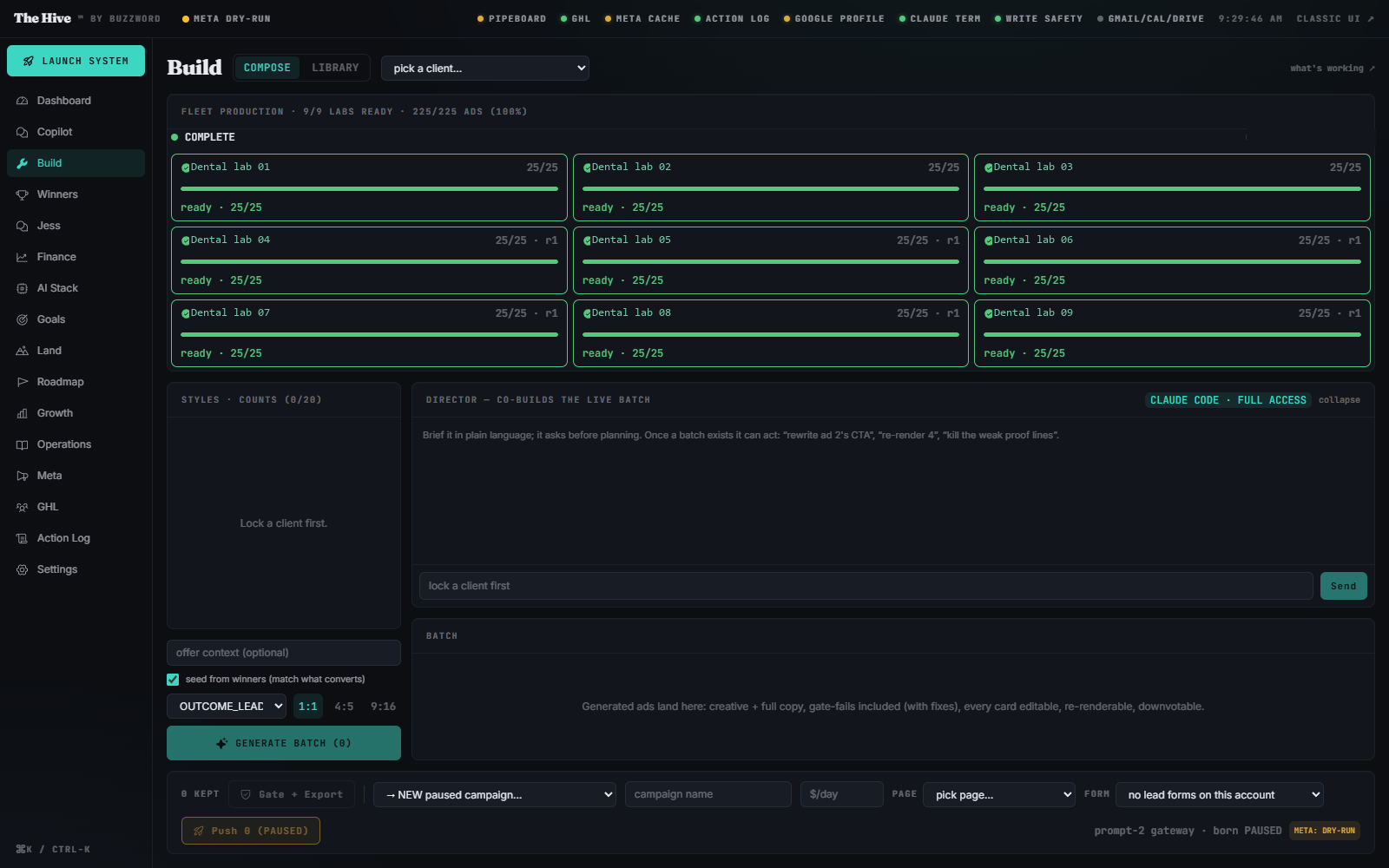 The Hive build cockpit: nine client fleets at 25/25 ads ready, a director chat for co-building the live batch, and a push control that is born paused
