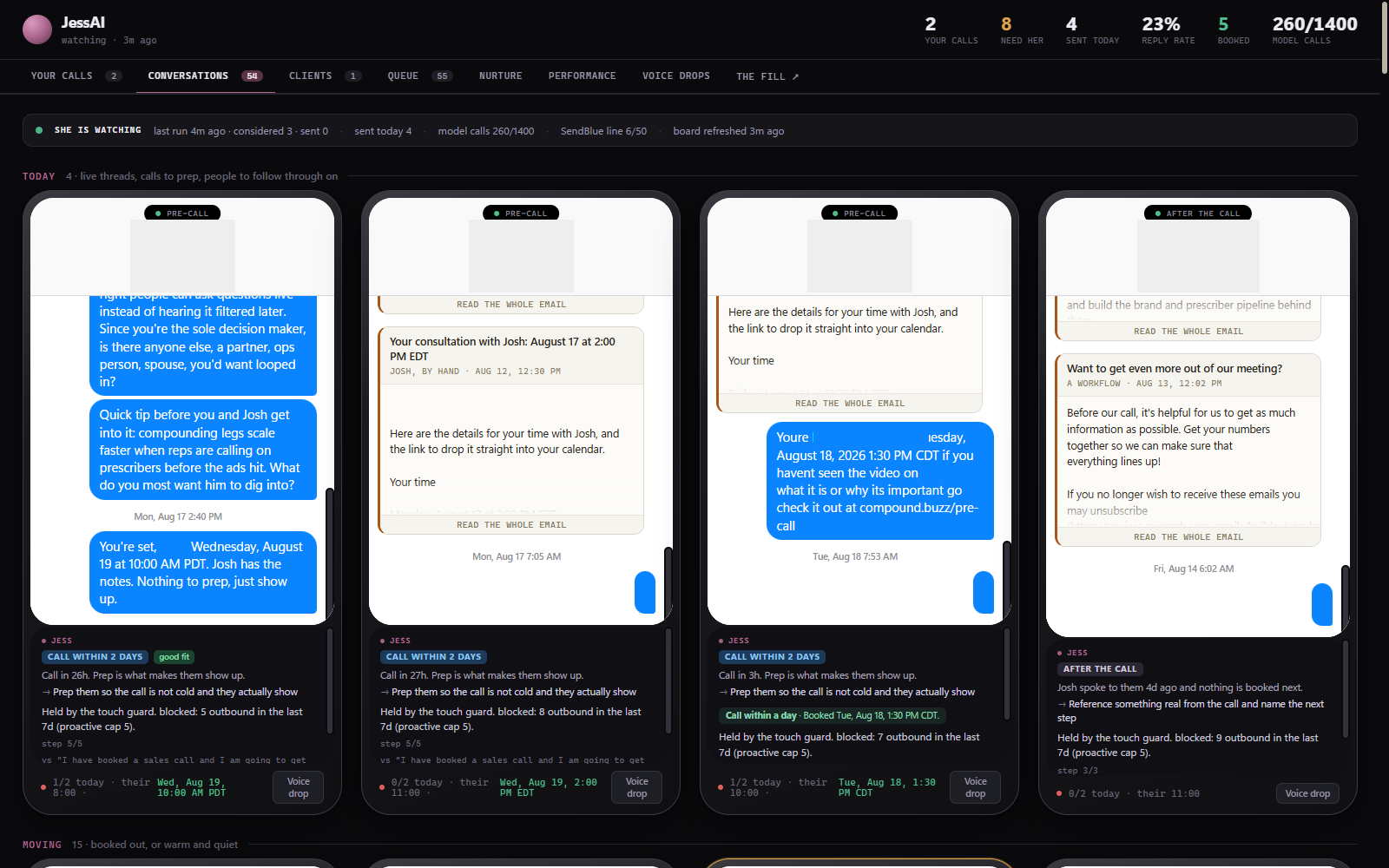 JessAI wall: live board of conversations with tier labels, touch-guard status lines and per-thread next actions